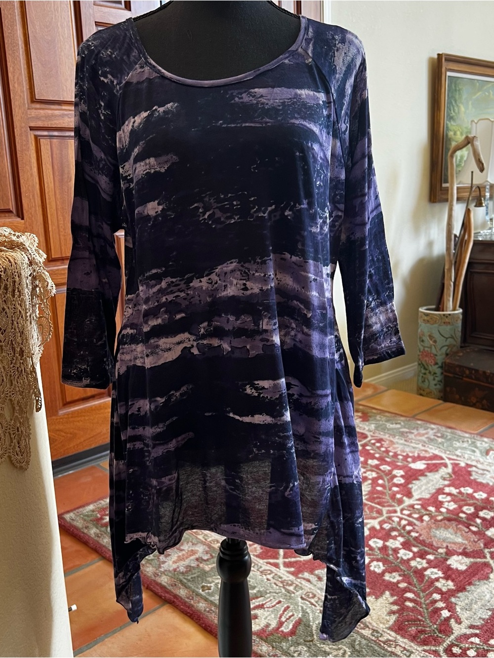Dunia Navy Blue Tie Dyed Tunic Top With Uneven Hemline Size L